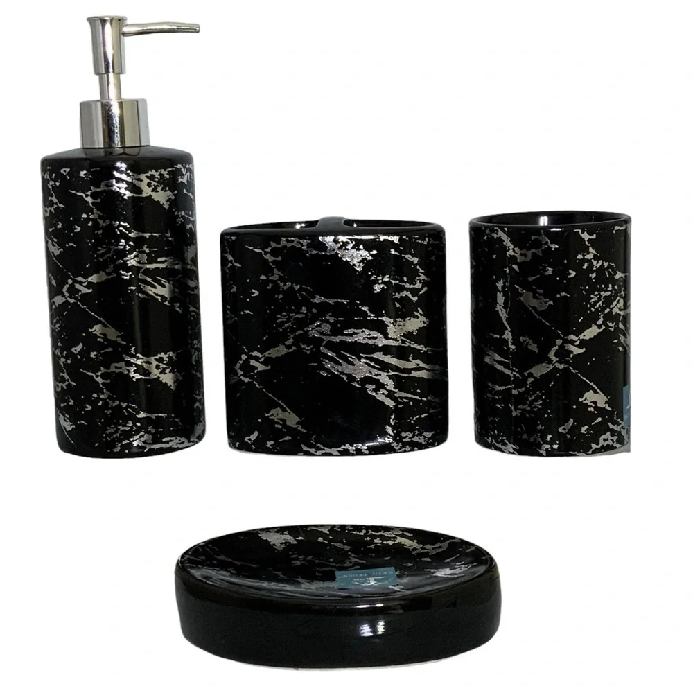 Today’s Living Black Marble Metallic Bath Accessory Set Ceramic 4 Piece Set